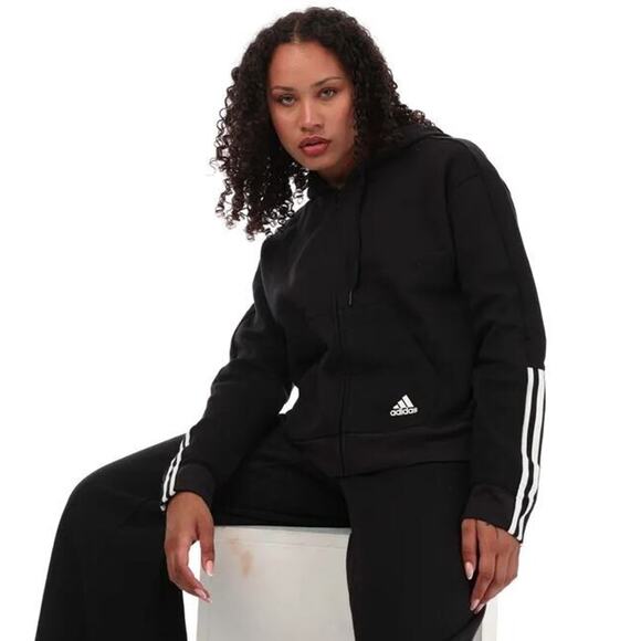 Adidas Women's Essentials Loose Cut 3-Stripe Full Zip Hoodie in Blk/White LG $55 - Picture 1 of 7